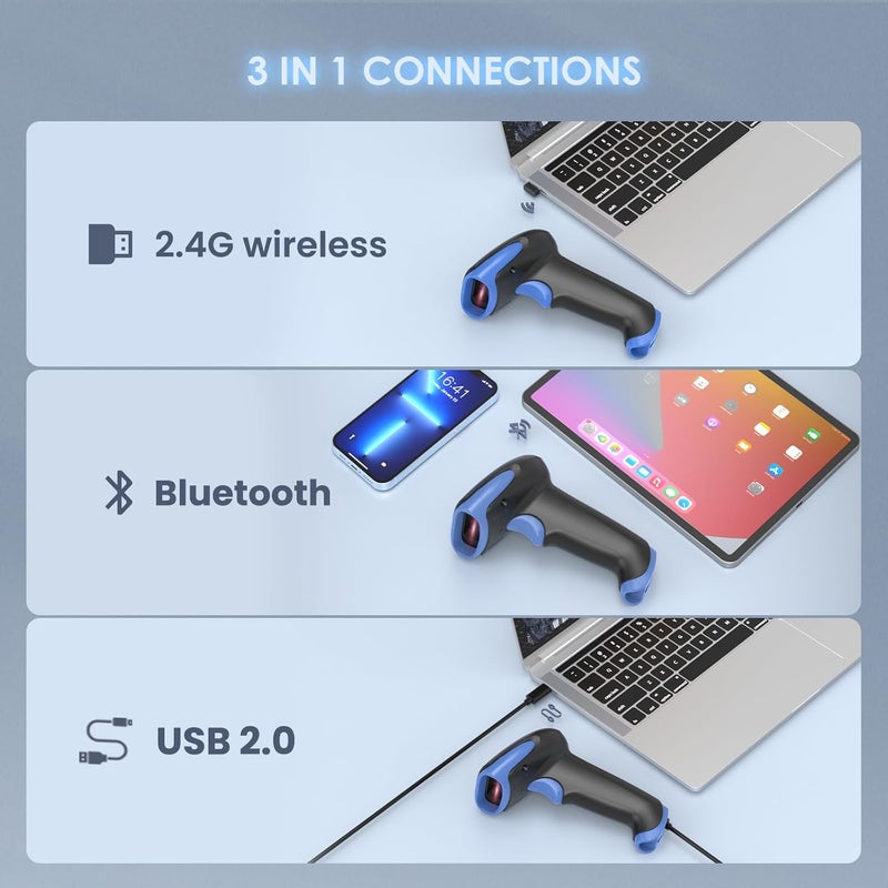 EYOYO ماسح باركود بلوتوث 2D لاسلكي، 2500mAh محمول بدون سلك قارئ باركود USB لقراءة QR للمكتبة، جرد المستودعات متوافق مع iPad، هاتف أندرويد، iPhone، لابتوب - Image 2